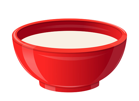 Milk in Red Ceramic Bowl, Healthy Breakfast Concept. Realistic Soup Plate Full of White Liquid. Natural Food, Dairy Drink, Source of Calcium Isolated on White Background. 3d Vector Illustration