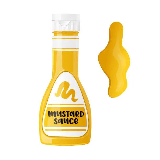 Vector illustration of Realistic Bottle with Mustard Sauce, Yellow Tube with Label. Spicy Dressing, Condiment for Fast Food with Spilled Strip