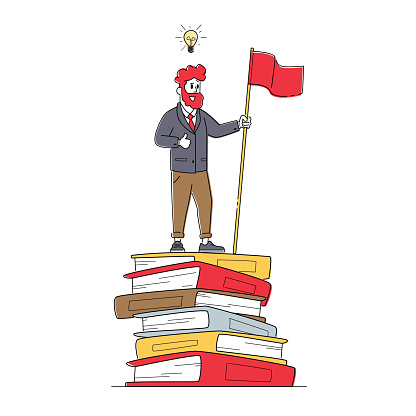 Male Character Stand on Top of Huge Books Pile with Red Flag. Self Development, Developing Mental Issues, Ladder to Success. Training, Education, Practice. Self-management. Linear Vector Illustration