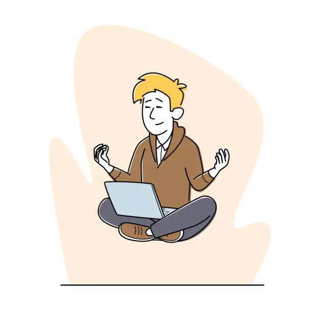 Vector illustration of Businessman Yoga Meditation. Worker Doing Relaxation at Workplace, Relaxed Male Character with Laptop Soaring in Air