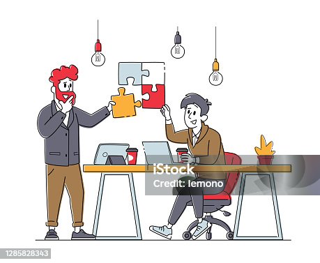 istock Teamwork Cooperation, Collective Work, Partnership Concept. Office Characters Work Together Set Up Colored Puzzle Pieces 1285828343