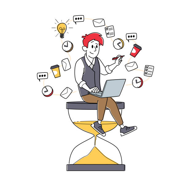 zeitmanagement, arbeitsproduktivität, multitasking. winzige geschäftsmann charakter sitzt auf riesigen hourglass mit laptop - überarbeitung stress stock-grafiken, -clipart, -cartoons und -symbole