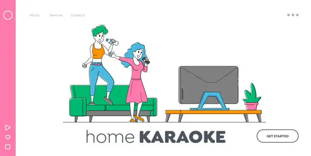 Vector illustration of Characters Sparetime, Hobby or Party Landing Page Template. Cheerful Girls Couple Sing Song in Karaoke with Microphones