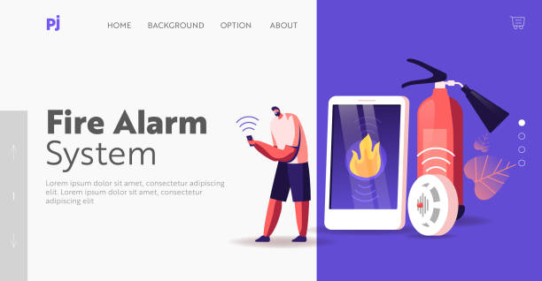화재 비상 서비스 방문 페이지 템플릿에 전화. 남성 캐릭터 집에서 스마트 제어 시스템에서 알림을 받을 - protection fire concepts visual screen stock illustrations