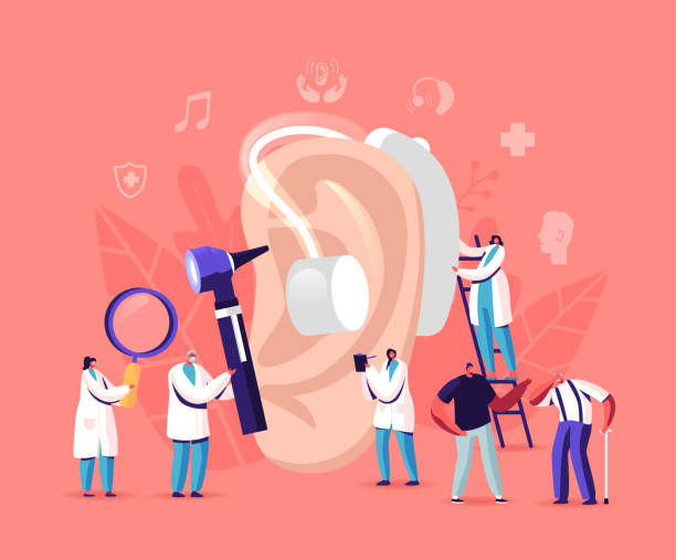 hörverlust, taubheit. gehörlose menschen mit hear problem besuchen sie arzt für behandlung. winzige charaktere um riesige summieren - hearing aid audiologist audiology small stock-grafiken, -clipart, -cartoons und -symbole