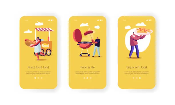 Vector illustration of Characters Buying Street Food Mobile App Page Onboard Screen Template. People with Fastfood Hot Dog and French Fries