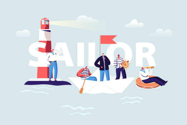 Sailor Concept. Ship Crew in Uniform. Captain, Sailors in Stripped Vest at Steering Wheel and Life Buoy. Maritime Job Sailor Concept. Ship Crew Male Characters in Uniform. Captain, Sailors in Stripped Vest at Steering Wheel and Life Buoy. Maritime Job Occupation Poster Banner Flyer. Cartoon People Vector Illustration bellcaptain stock illustrations