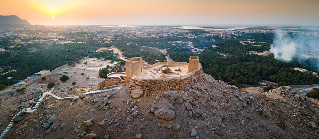 Dhayah Fort 18th-century fortification in North Ras al Khaimah emirate of the United Arab Emirates aerial view at sunset