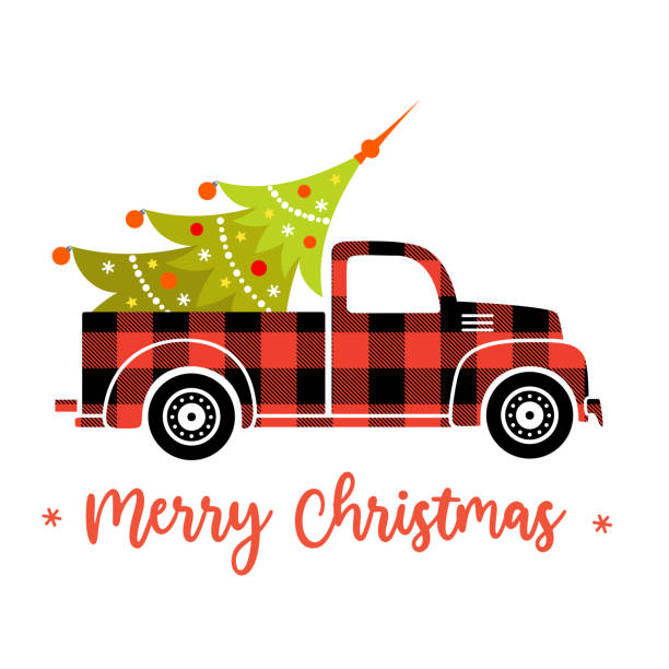 Vector christmas truck with buffalo plaid and fir. Buffalo plaid christmas truck with christmas tree. Red vector pickup isolated on white background. Christmas greeting card. buffalo check stock illustrations