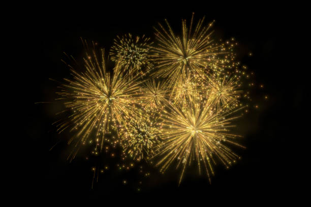 istock Realistic 3D illustration colorful gold luxury firework pyrotechnic night dark sky smoke isolated black background wallpaper use celebrate happy new year countdown festival anniversary birthday party 1285831957