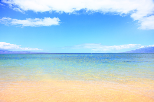 Vacation summer beach ocean background texture. Blue water, sky, sand and beach. Travel, vacation and summer holiday concept image from Maui, hawaii.
