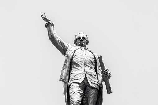 Black and white Statue of Capitan James Cook, background with copy space