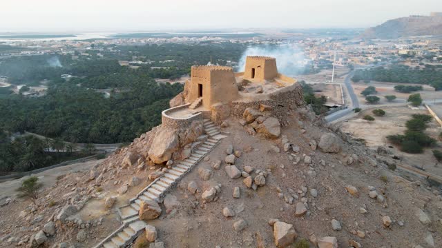 Dhayah Fort in North Ras al Khaimah emirate of the UAE aerial view at sunset