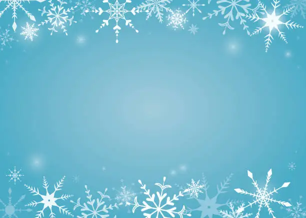 Vector illustration of Vector illustration. Christmas background in blue tones with a frame of snowflakes of different shapes and sizes. New year theme.