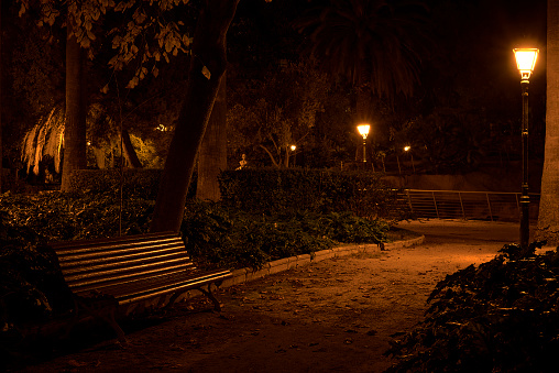Lonely bench, in a park at night, streetlights, autumn, warm