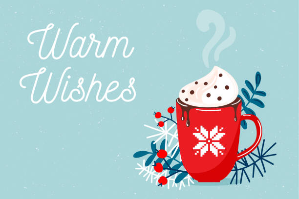 Red mug with christmas hot chocolate or coffee with whipped cream surrounding with branches, floral elements. Warm wishes, Christmas or New Year greeting card template. Vector illustration.