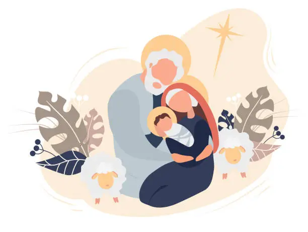 Vector illustration of Merry Christmas. The birth of the baby Savior Jesus Christ. Virgin Mary and Joseph Holy Family, star of Bethlehem and sheep on a pink background with tropical leaves and decor. Vector