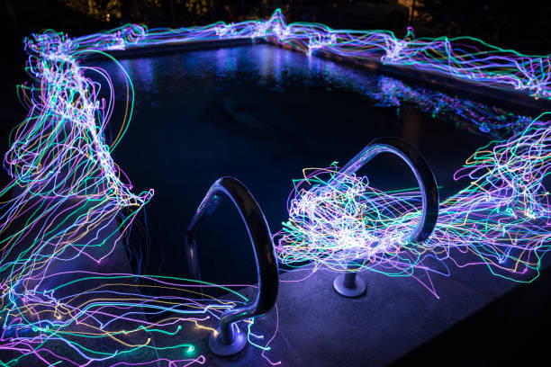 istock Pool and waterfall at night - vacation background. Colorful light decoration. Freezelight 1285836305