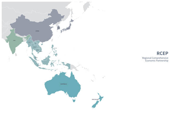 illustrazioni stock, clip art, cartoni animati e icone di tendenza di mappa vettoriale dei paesi recp. mappa dei paesi indo-pacifici. - indonesia