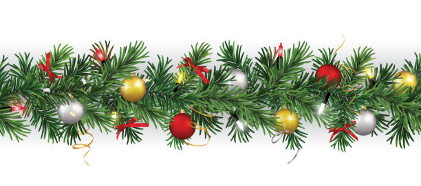 白い背景に緑の枝とクリスマスの装飾とベクトルシームレスなパターン - christmas gold green backgrounds点のイラスト素材／クリップアート素材／マンガ素材／アイコン素材