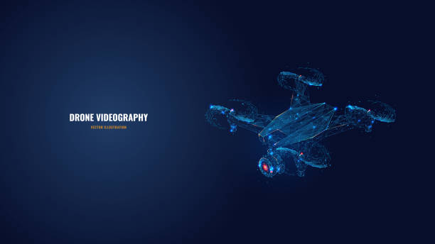 Abstract polygonal image of drone with camera Digital vector 3d illustration of drone with camera in dark blue. Drone videography, aerial photography, modern technology concept. Abstract low poly quadcopter with dots, lines, stars and particles drone stock illustrations