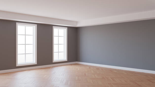 istock Beautiful Interior Corner with Gray Walls, Parquet Floor, Two Large White Windows and a White Plinth with Work Path on Windows. 3d render. Ultra HD 8K 7680x4320 1285841157