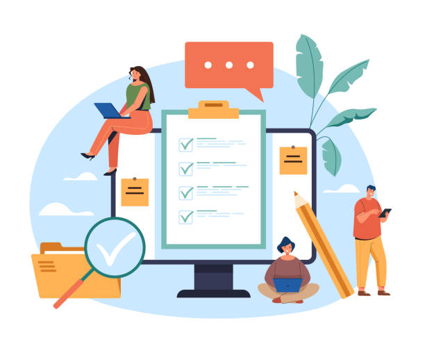 illustrations, cliparts, dessins animés et icônes de concept de questionnaire internet en ligne. illustration de conception graphique plate de dessin animé de vecteur - remplir-un-formulaire
