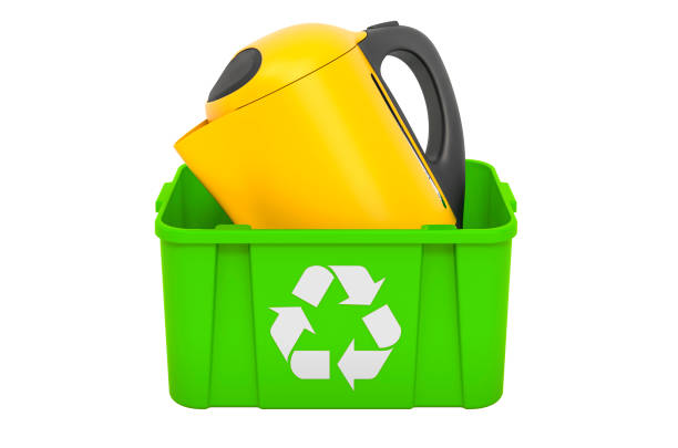 istock Recycling trashcan with electric kettle, 3D rendering isolated on white background 1285843229