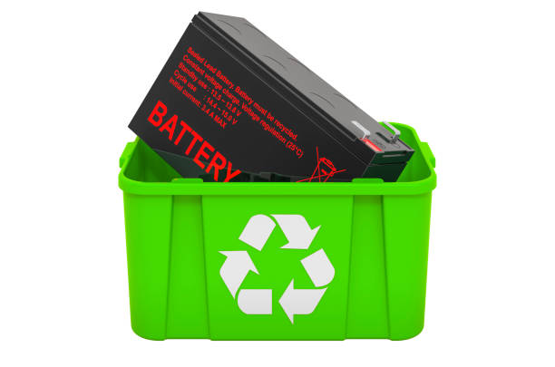 istock Recycling trashcan with sealed UPS battery, 3D rendering isolated on white background 1285843245