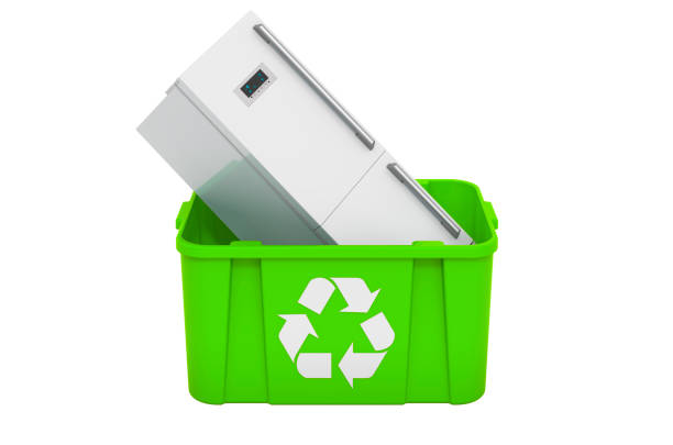 Recycling trashcan with refrigerator, 3D rendering isolated on white background