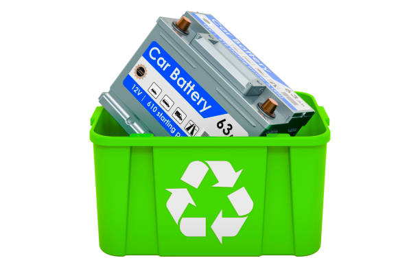 istock Recycling trashcan with car battery, 3D rendering isolated on white background 1285843351