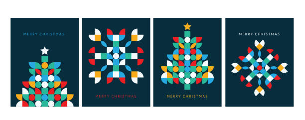 istock Merry Christmas mosaic style greeting card flat design template set with geometric shapes 1285843956