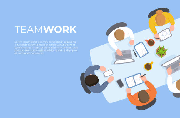 Coworking Teamwork at the Table Top View Coworking teamwork at the table top view. Vector illustration. office coworker stock illustrations