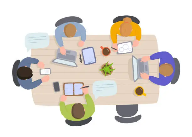 Vector illustration of Coworking Teamwork at the Table Top View