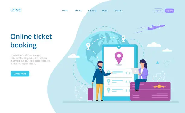 Vector illustration of Online Ticket Booking Concept Vector Illustration On Blue And White Background. Composition In Flat Cartoon Style With Writings. People Near Big Smartphone With Navigator On Screen Buy Tickets Online
