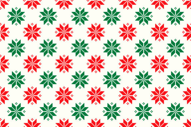 Winter Holiday Pixel Pattern. Seamless Christmas Star Ornament. Scheme for Knitted Sweater Pattern Design or Cross Stitch Embroidery. Winter Holiday Pixel Pattern. Seamless Christmas Star Ornament. Scheme for Knitted Sweater Pattern Design or Cross Stitch Embroidery christmas designs stock illustrations