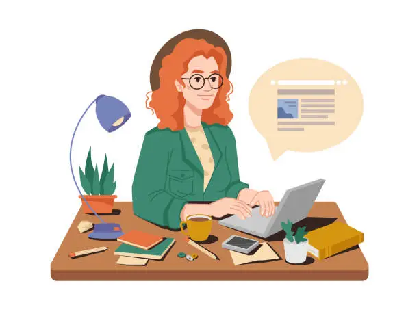 Vector illustration of Journalist at her workplace writes article or post on laptop, cup of tea or coffee, books and pens, lamp and plant in pot on table. Vector woman correspondent writing publication in newspaper magazine