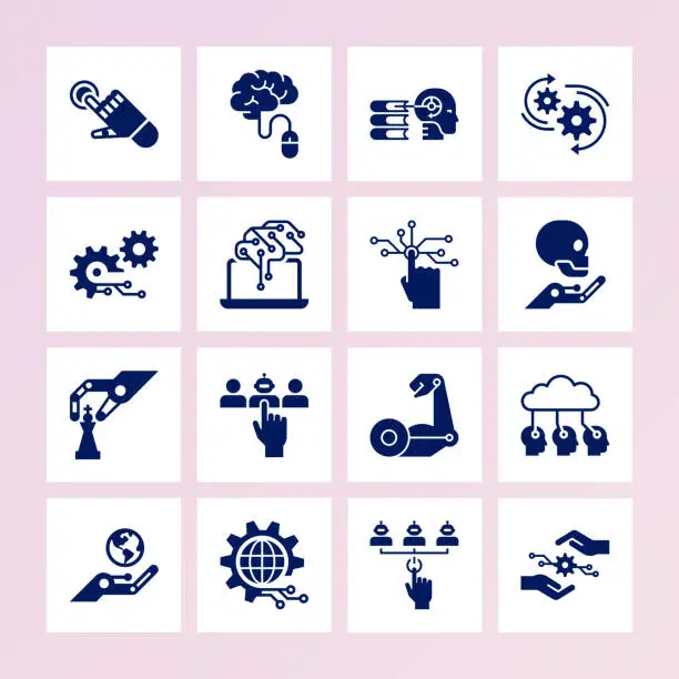 Vector illustration of A large set of 16 icons on the theme of robotics and machine learning and cyber security in a flat style isolated in the background. EPS 10