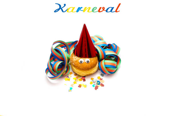 Berliner, carnival, donuts with paper streamers and confetti for carnival, holiday concept