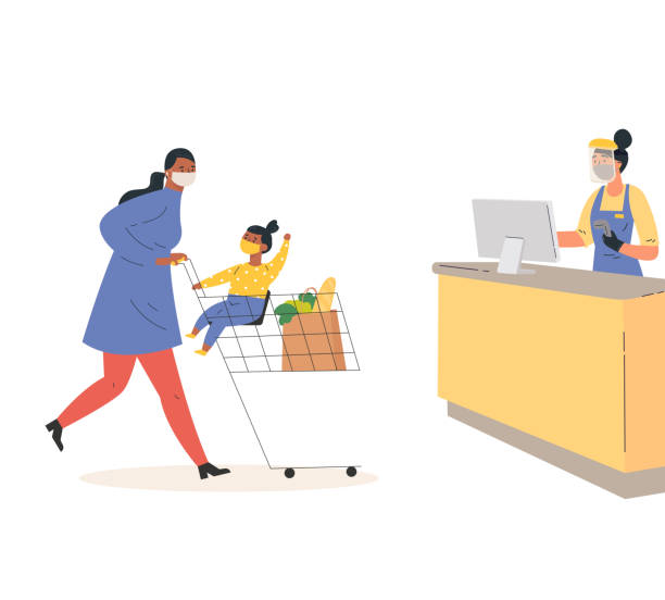 Young mother with a daughter in a supermarket Young mother with a daughter and a cart of groceries goes to the checkout in a supermarket. Woman with a child in protective masks in the store. Modern store and shopping concept.Vector illustration cart illustrations stock illustrations