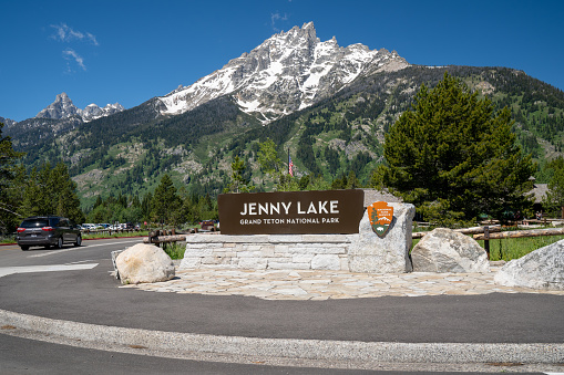 Grand Teton National Park, Wyoming - June 26, 2020: Sign for Jenny Lake, a famous scenic lake with a visitors center inside the National Park