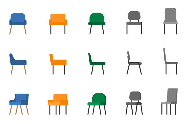 isolierte moderne weiche stoff büro stuhl stuhl vektor illustration symbol set. vorderseite, seitenansicht farbiger sitz auf weiß - stuhl stock-grafiken, -clipart, -cartoons und -symbole