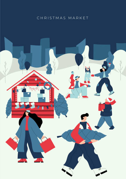 Christmas market vector illustration Holiday fair, Christmas market at night in the park or town square with people, kiosks and a Christmas trees. People walking, shopping, buying gifts, playing snowballs. Vector illustration snow angels stock illustrations