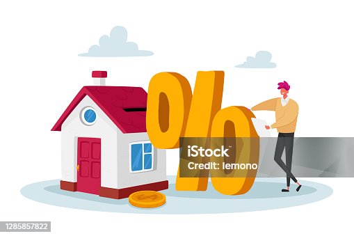 istock Mortgage and Home Buying Concept. Tiny Male Character with Huge Percent Symbol Stand at Cottage House with Golden Coin 1285857822