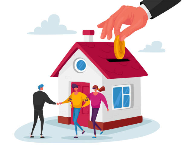 ilustrações, clipart, desenhos animados e ícones de corretor vendendo casa para casal comprando casa. gerente de caráter masculino fazer acordo com dono de casa dando chave, hipoteca - key mortgage house housing development