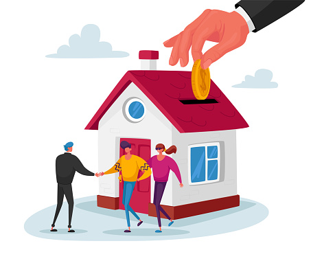 Real Estate Agent Selling House to Couple Buying Home. Manager Male Character Make Deal with Owner of House Giving Key for New Living Place, Mortgage and Home Buying Concept. Cartoon People Vector Illustration