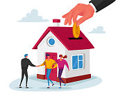 istock Real Estate Agent Selling House to Couple Buying Home. Manager Male Character Make Deal with Owner of House Giving Key, Mortgage 1285857826