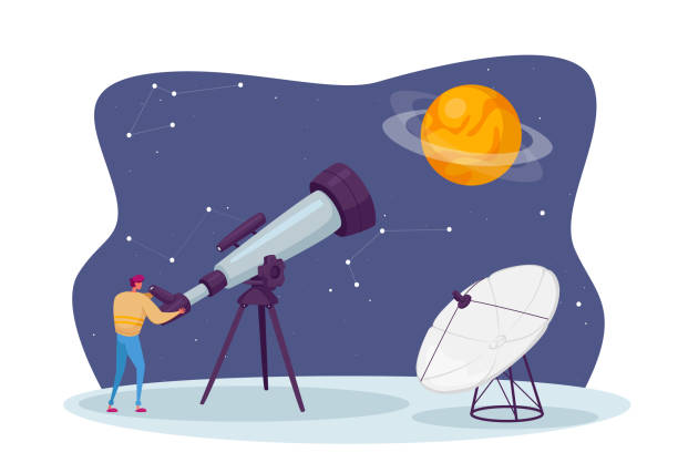 ilustrações, clipart, desenhos animados e ícones de astronomia science, male character watching on space at telescope studying cosmos. exploração do universo, investigação - astronomia
