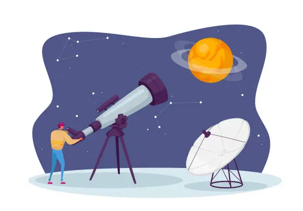 Vector illustration of Astronomy Science, Male Character Watching on Space at Telescope Studying Cosmos. Universe Exploration, Investigation