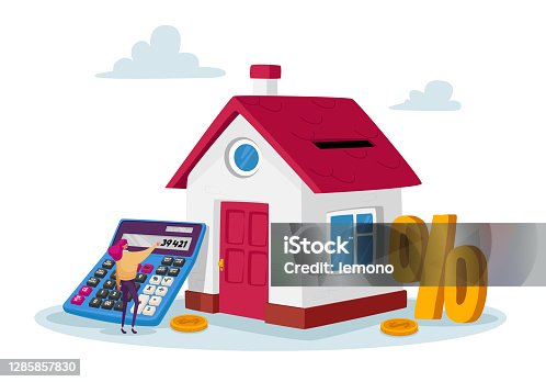 istock Mortgage and Home Buying Concept. Tiny Female Character with Huge Calculator and Percent Symbol at House with Gold Coins 1285857830